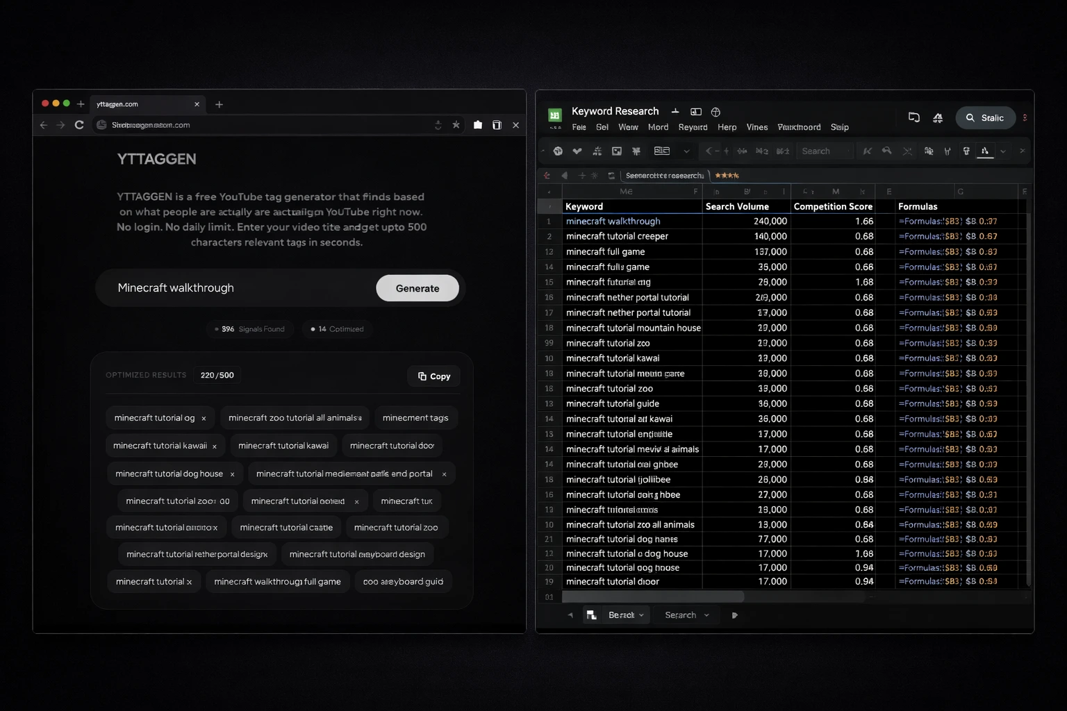 YouTube tag generator vs manual keyword research comparison showing speed vs depth trade-off