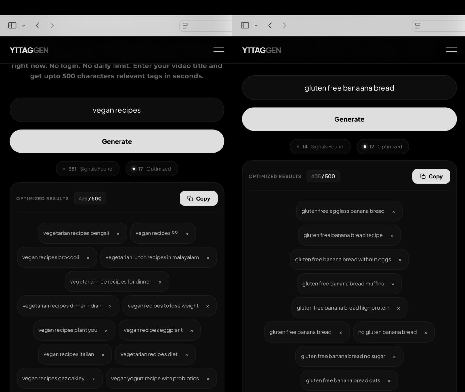 Real cooking YouTube tag examples generated by YTTAGGEN for different recipe types