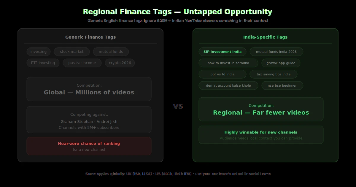 Indian finance YouTube tags showing SIP mutual funds zerodha and regional finance search terms