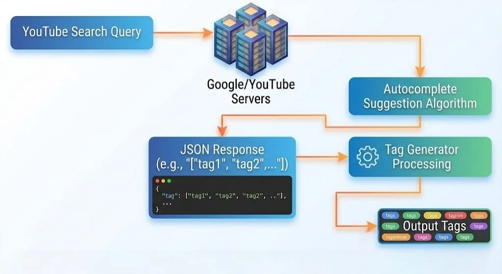 Technical diagram showing how YouTube autocomplete API works for tag generation