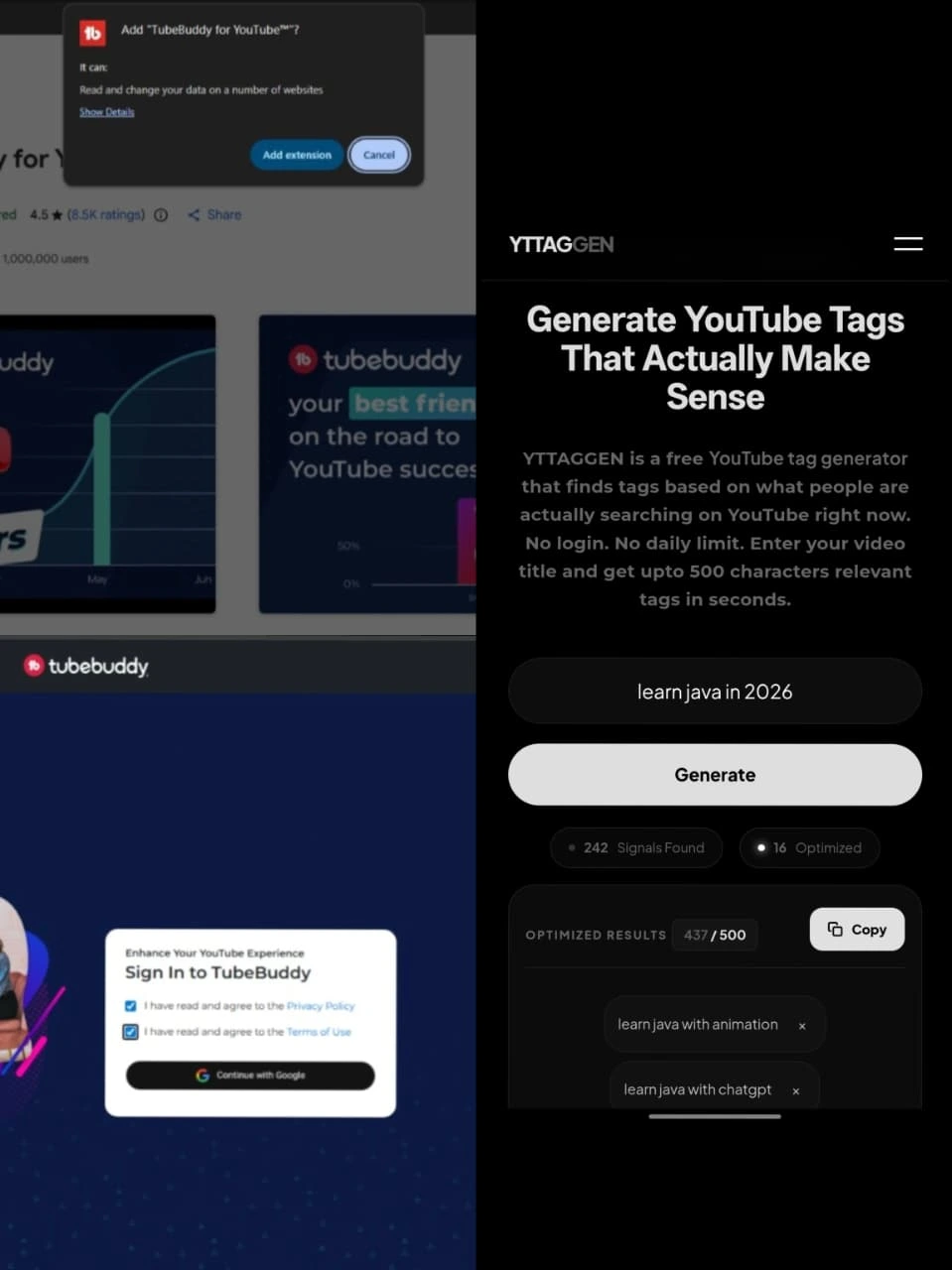 Chrome extension YouTube tag generator vs web app YTTAGGEN showing friction comparison