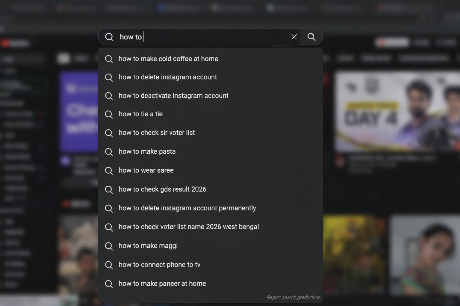 YouTube search autocomplete showing real user search pattern suggestions