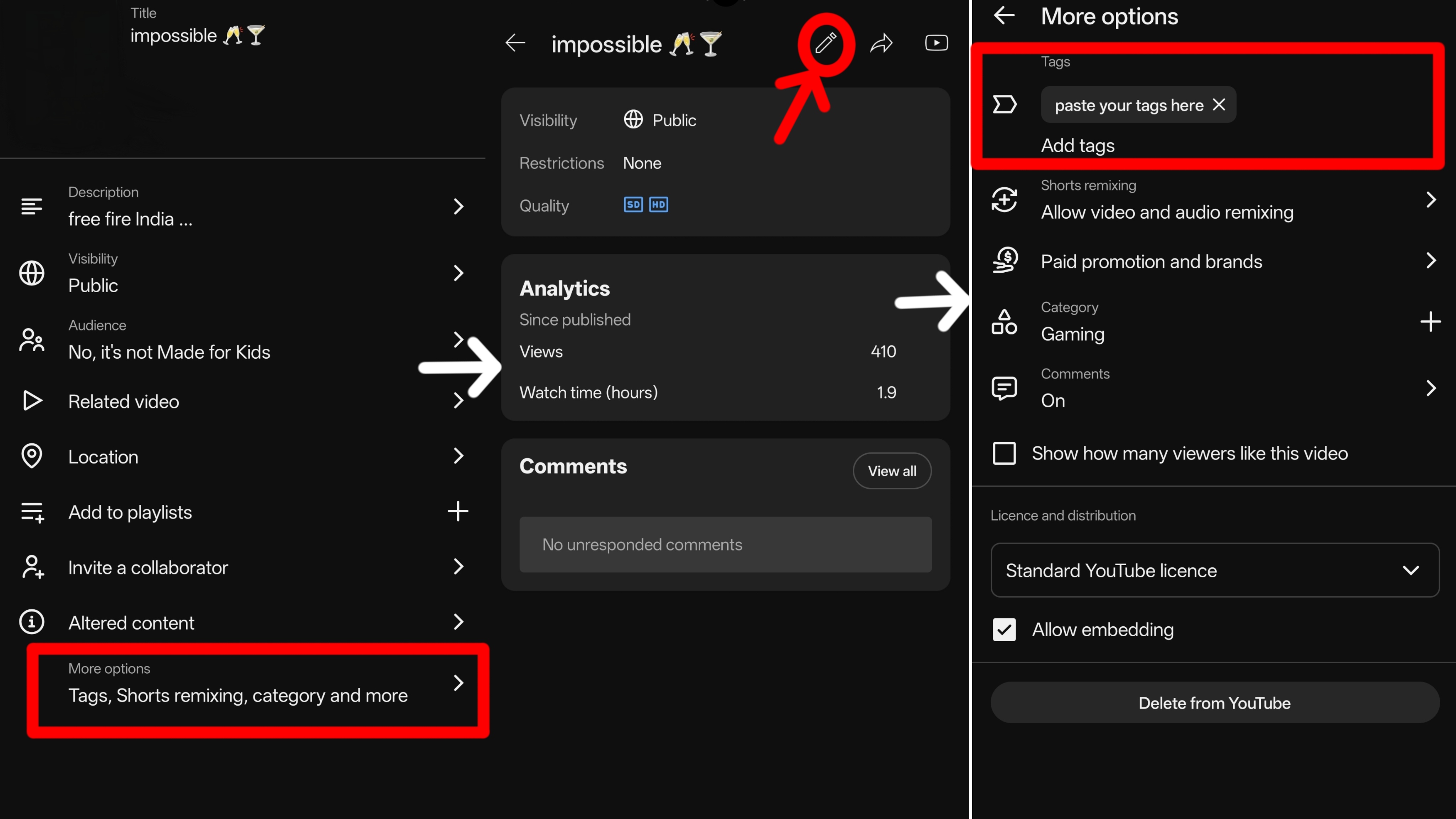 YouTube Studio mobile app on Android showing the video edit screen with the tags input field located below the description section