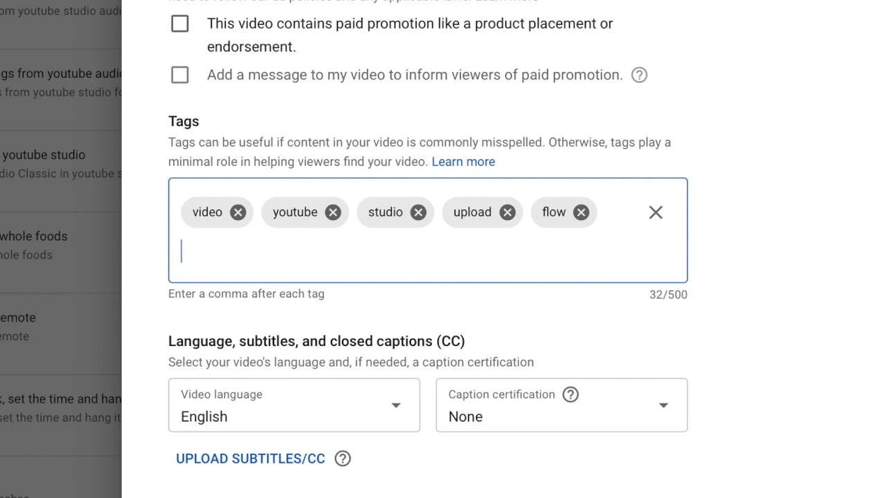 YouTube Studio showing tag field and analytics — diagnosing why YouTube tags are not working